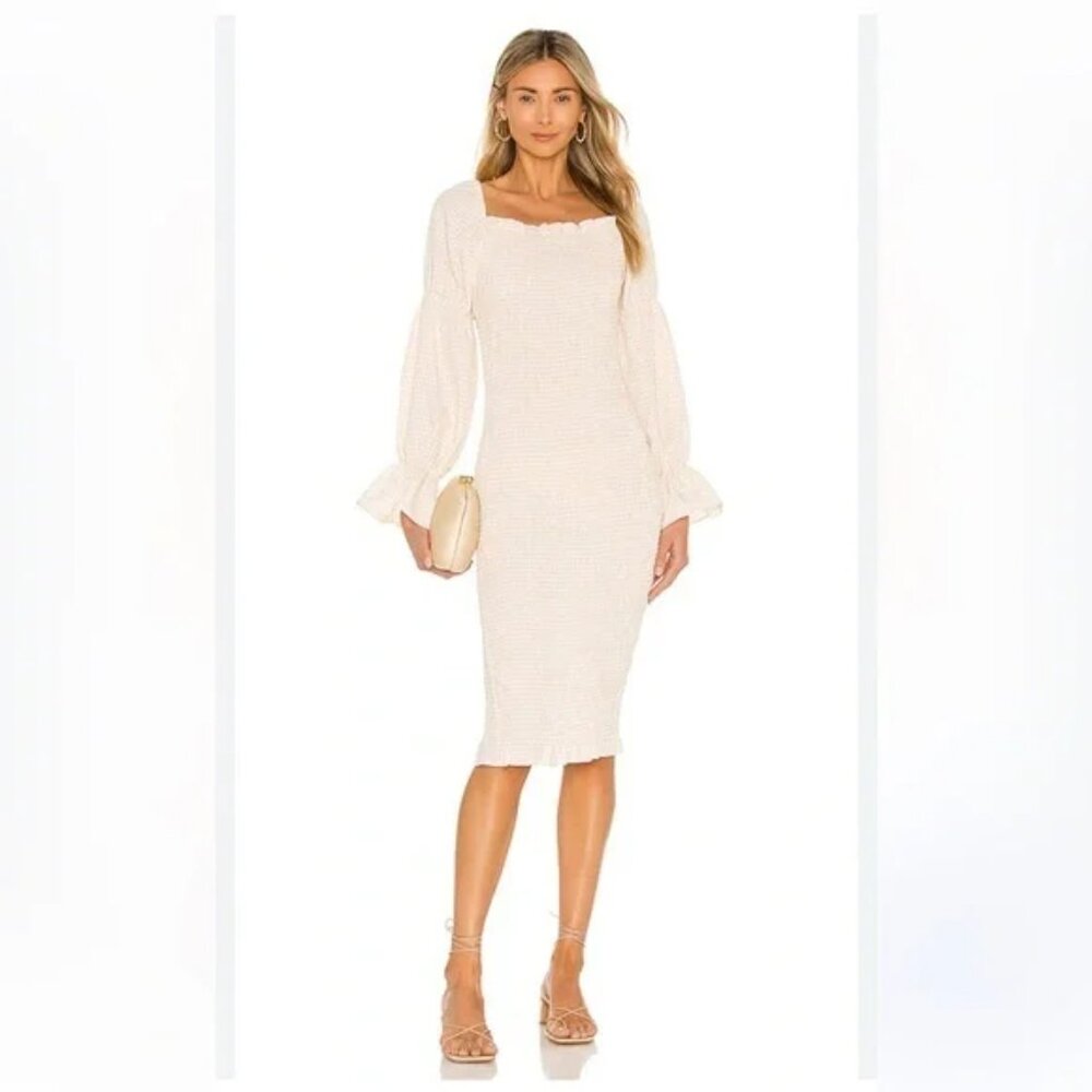 NWT SNDYS Dress Cream Gingham Check Knee Length Ruched Pencil Long Sleeve Size 6